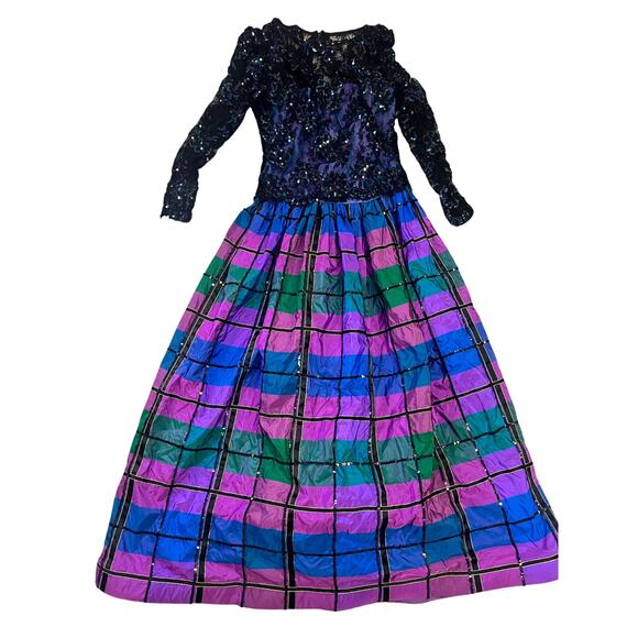 VINTAGE DESIGNER Sequin Lace Ball Gown, Mignon Ann Marie Gabalis‎ Blue Plaid - Picture 3 of 16